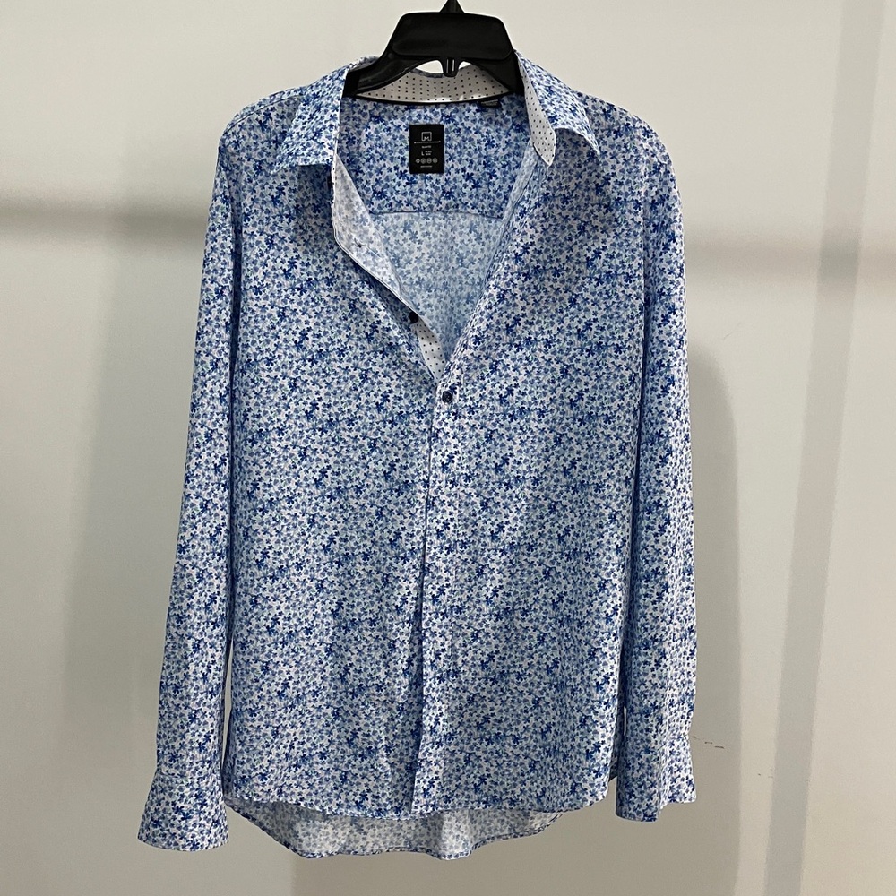 Men's Floral Button-Down Shirt - Blue and White